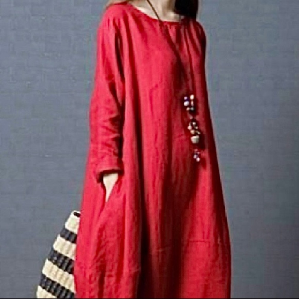 exc FLAX linen red dress Pockets 3/4 long sleeve casual comfy A line lagenhook